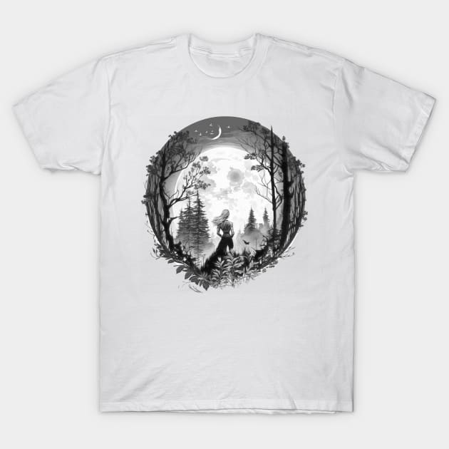 Moon Goddess Forest Walk Woman in Forest Crescent Moon Art T-Shirt by Dragonfly Tees